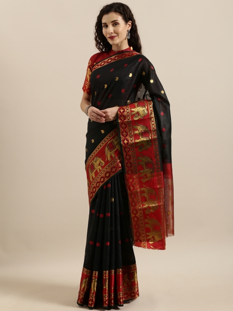 

SHAVYA Black & Red Pure Linen Woven Design Banarasi Saree