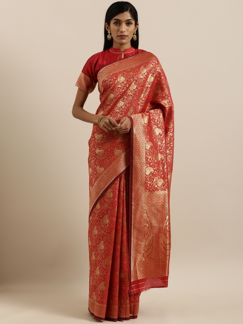 

SHAVYA Red & Golden Pure Linen Woven Design Banarasi Saree