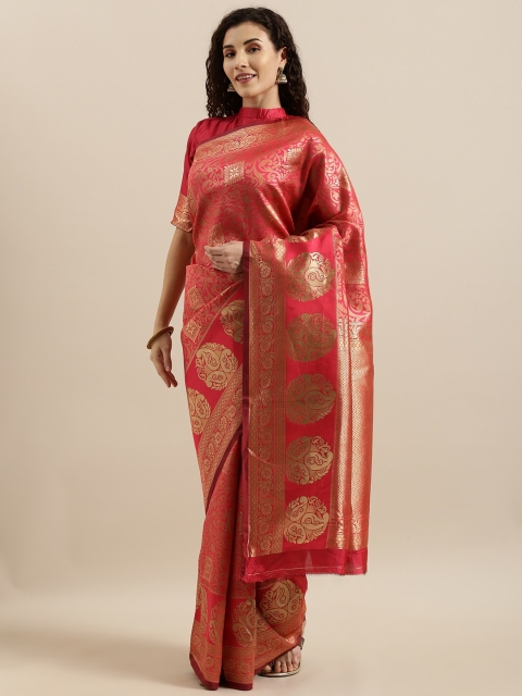 Pink & Gold-Toned Pure Linen Woven Design Banarasi Saree