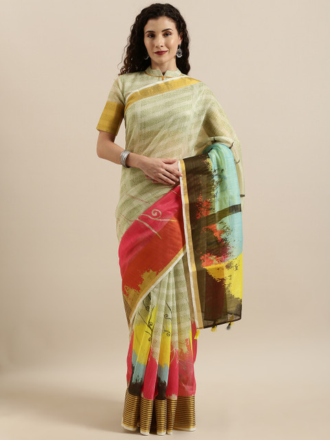 

SHAVYA Olive Green & Yellow Pure Linen Printed Saree