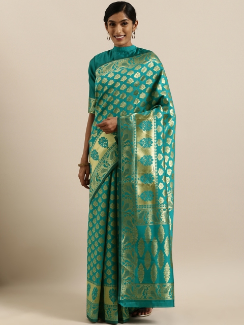 

SHAVYA Turquoise Blue & Gold-Toned Pure Linen Woven Design Banarasi Saree