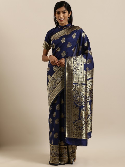

SHAVYA Navy Blue & Golden Pure Linen Woven Design Banarasi Saree