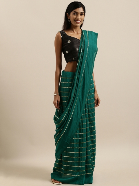 

SHAVYA Green & Gold-Toned Pure Linen Embellished Saree
