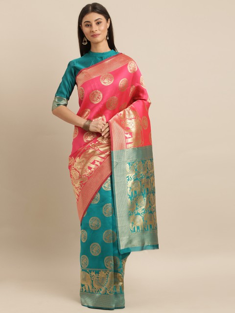 

SHAVYA Pink & Blue Pure Linen Woven Design Banarasi Saree