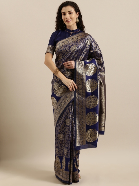 Blue & Gold-Toned Pure Linen Woven Design Banarasi Saree