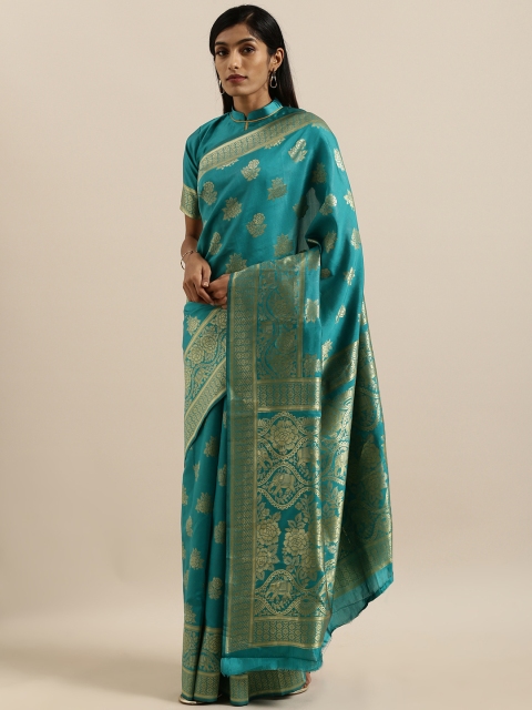 

SHAVYA Turquoise Blue & Golden Pure Linen Woven Design Banarasi Saree