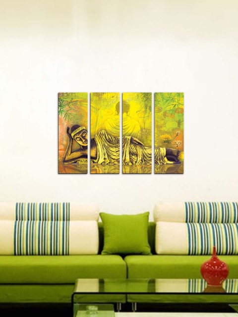 

eCraftIndia Green & Yellow 4 Panel Resting Buddha Premium Canvas Wall Art