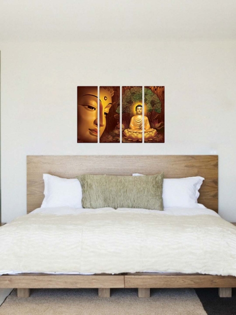 

eCraftIndia 4 Panel Gold-Toned & Brown Meditating Buddha Premium Canvas Painting