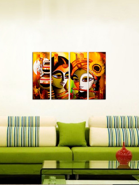 

eCraftIndia Yellow & Orange 4 Panel Radha Krishna Canvas Wall Art