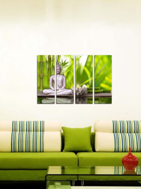 

eCraftIndia Green & Grey 4 Panel Meditating Buddha Canvas Wall Art