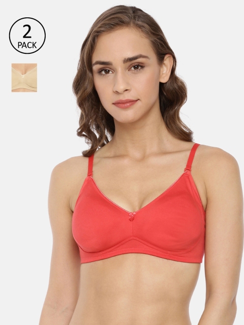 

Macrowoman W-Series Pack of 2 Coral Red & Nude-Coloured Non-Wired Non Padded Beginners Bra