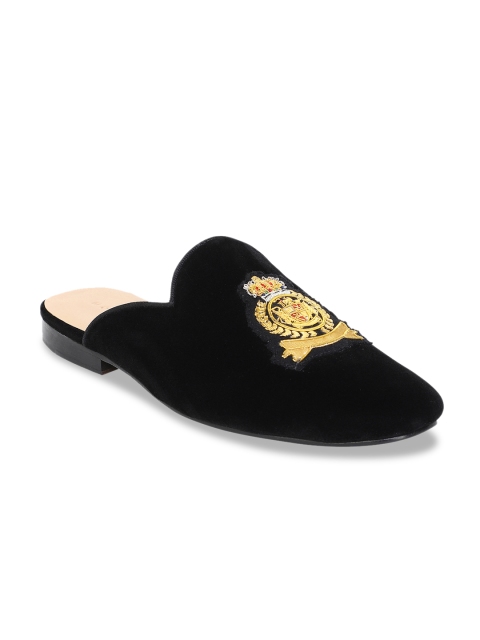 

MOURETTI Men Black Embroidered Leather Mules