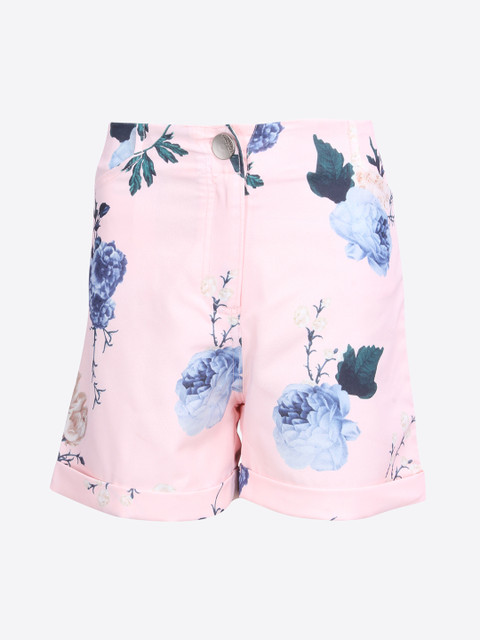 

CUTECUMBER Girls Peach-Coloured Floral Printed Regular Fit Regular Shorts