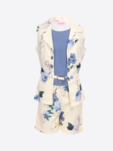 

CUTECUMBER Girls Cream-Coloured & Blue Printed Top with Shorts