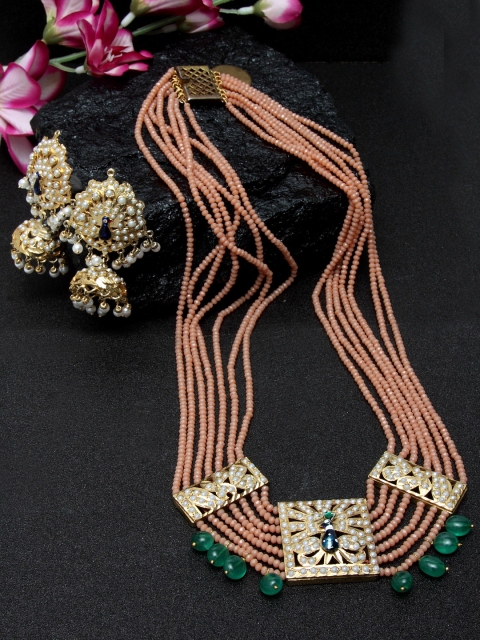 

DUGRISTYLE Gold-Plated & Peach-Coloured Sapphire Handcrafted Moarni Jewellery Set