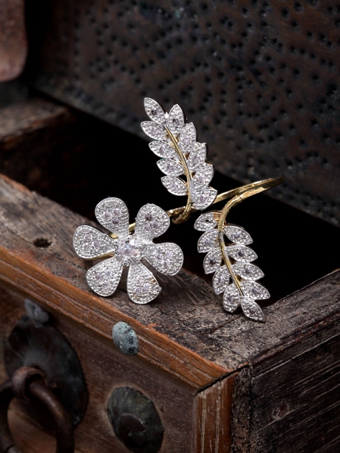

DUGRISTYLE Silver-Plated Gold-toned & White AD-Studded Handcrafted Double Finger Ring