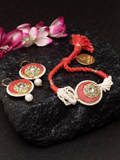

DUGRISTYLE Gold-Plated Red & White Embellished Handcrafted Jewellery Set