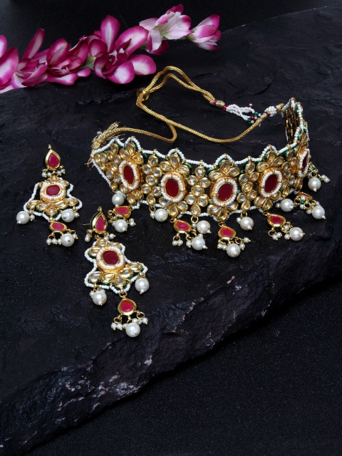 

DUGRISTYLE Gold-Plated Red & White Kundan-Studded Beaded Handcrafted Jewellery Set
