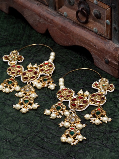 

DUGRISTYLE Red & Gold-Toned Classic Kundan Drop Earrings