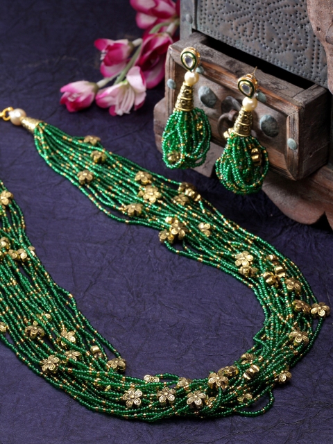 

DUGRISTYLE Gold-Plated Green beaded Multistranded Handcrafted Jewellery Set