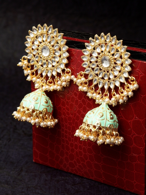 

PANASH Gold-Toned & Sea Green Dome Shaped Jhumkas
