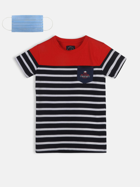 

Lil Tomatoes Boys Red & Navy Blue Striped Round Neck T-shirt With Mask