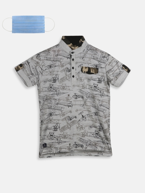 

Lil Tomatoes Boys Grey Printed Mandarin Collar T-shirt