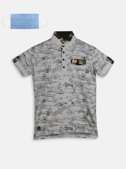 

Lil Tomatoes Boys Grey Camouflage Printed Mandarin Collar T-shirt With Mask