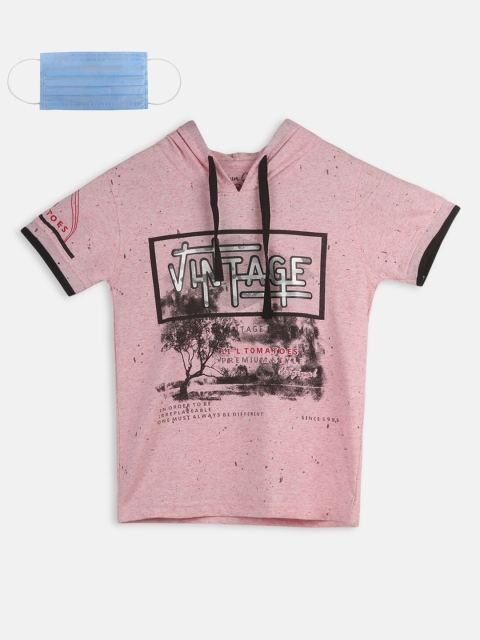 

Lil Tomatoes Boys Coral Pink Printed Hood T-shirt