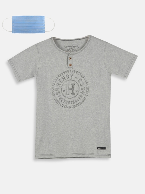 

Lil Tomatoes Boys Grey Melange Printed Henley Neck T-shirt With Mask