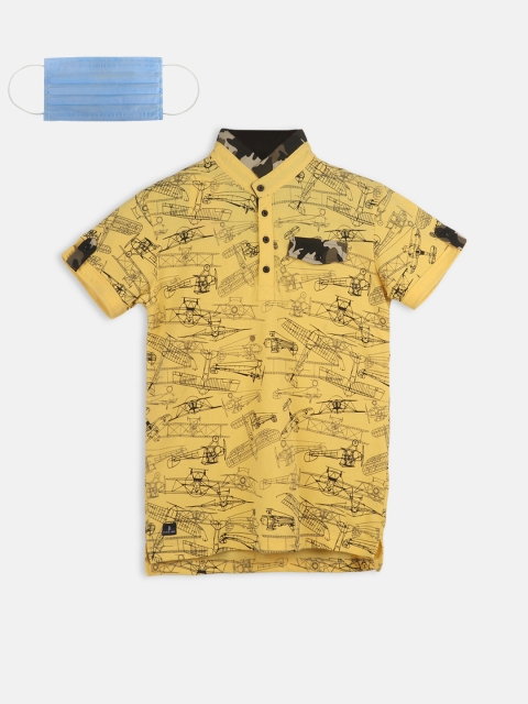

Lil Tomatoes Boys Yellow Printed Mandarin Collar T-shirt 3-ply Mask