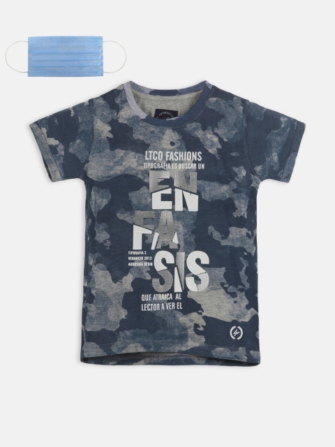 

Lil Tomatoes Boys Grey Melange & Blue Printed Round Neck T-shirt With Face Mask