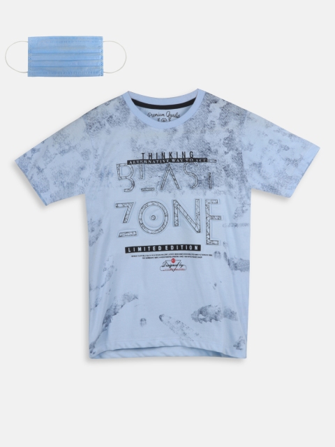 

Lil Tomatoes Boys Blue Printed Round Neck T-shirt with 3 Ply Face Mask