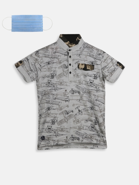 

Lil Tomatoes Boys Grey Printed Mandarin Collar T-shirt