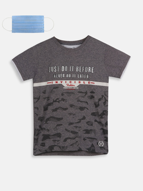 

Lil Tomatoes Boys Grey & Black Printed Round Neck T-shirt With Face Mask