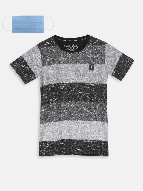 

Lil Tomatoes Boys Black Striped Round Neck T-shirt With Mask