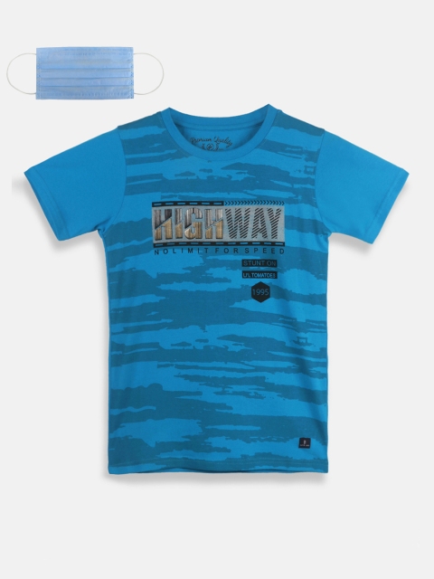 

Lil Tomatoes Boys Blue Printed Round Neck T-shirt with a 3 Ply Mask
