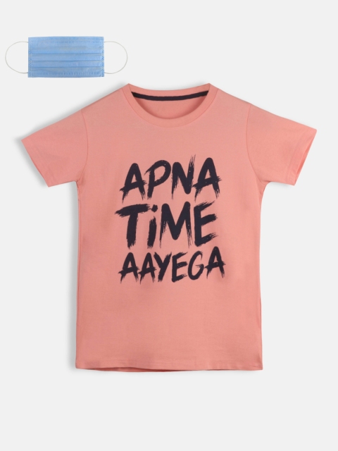 

Lil Tomatoes Boys Peach-Coloured Printed Round Neck T-shirt With Mask