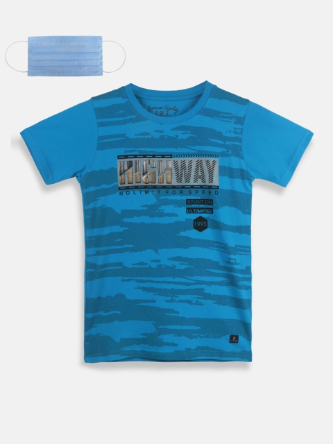 

Lil Tomatoes Boys Turquoise Blue Printed Round Neck Pure Cotton T-shirt