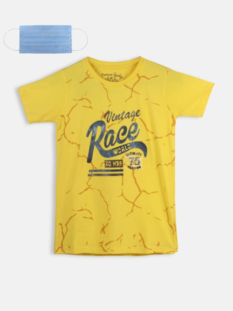 

Lil Tomatoes Boys Yellow & Blue Printed Round Neck T-shirt With Face Mask