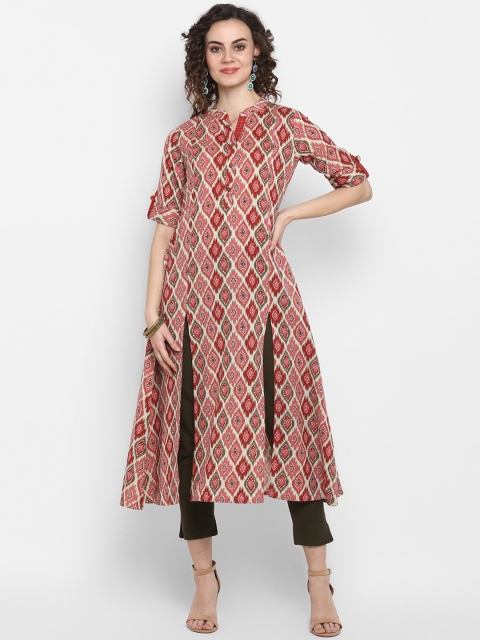 

Janasya Women Pink & Off-White Printed A-Line Kurta