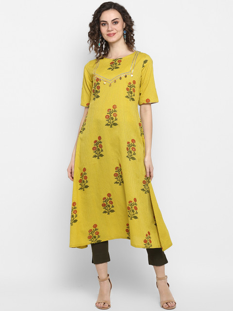 

Janasya Women Yellow & Red Printed A-Line Kurta