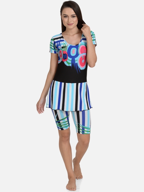 

mod & shy Women Blue & Black Printed Swimwear With Attached Long Shorts MSB08