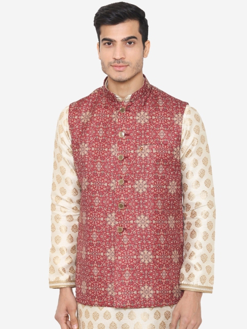 

Manyavar Men Maroon Printed Woven Nehru Jacket