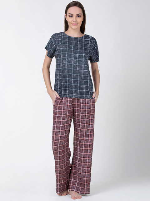 

ADORENITE Women Grey & Red Checked Night Suit PJ0055