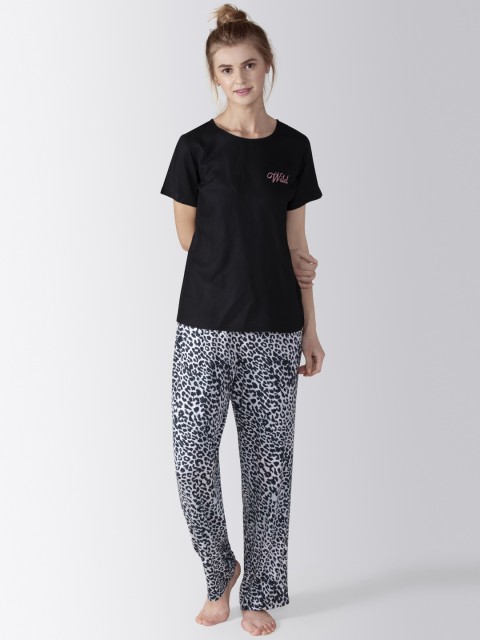 

ADORENITE Women Black & White Animal Print Night suit