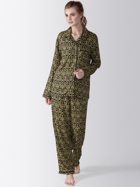 

ADORENITE Women Black & Yellow Printed Night Suit PJ0045