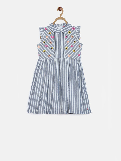 

Blue Giraffe Girls Grey & White Gathered Striped Fit and Flare Dress