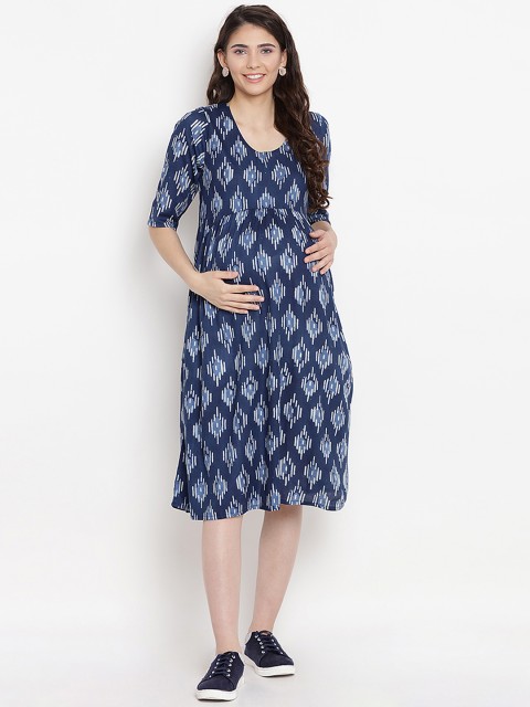 

Mine4Nine Women Navy Blue & White Printed Fit and Flare Maternity Dress