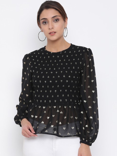 

Oxolloxo Women Black Printed Smocked Detailed Peplum Top